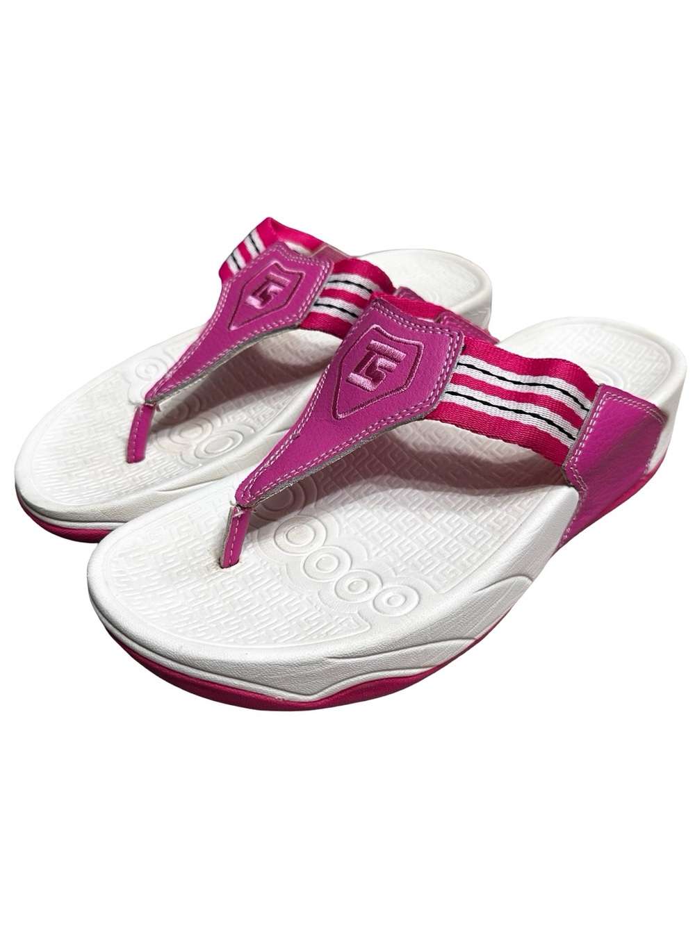 TheraShoe Pink White Slip On Sandals Size 6 Leather Comfort Flip Flop Chunky